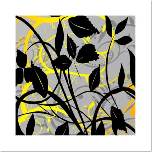 Black Leaves with Yellow Branches and Tribal Pattern Posters and Art